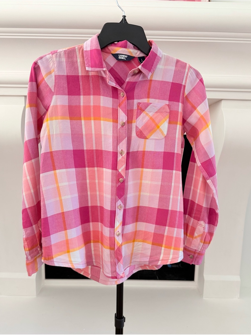 Lands' End Girls Pink & Yellow Plaid Button-Down Shirt-Girls 10-12